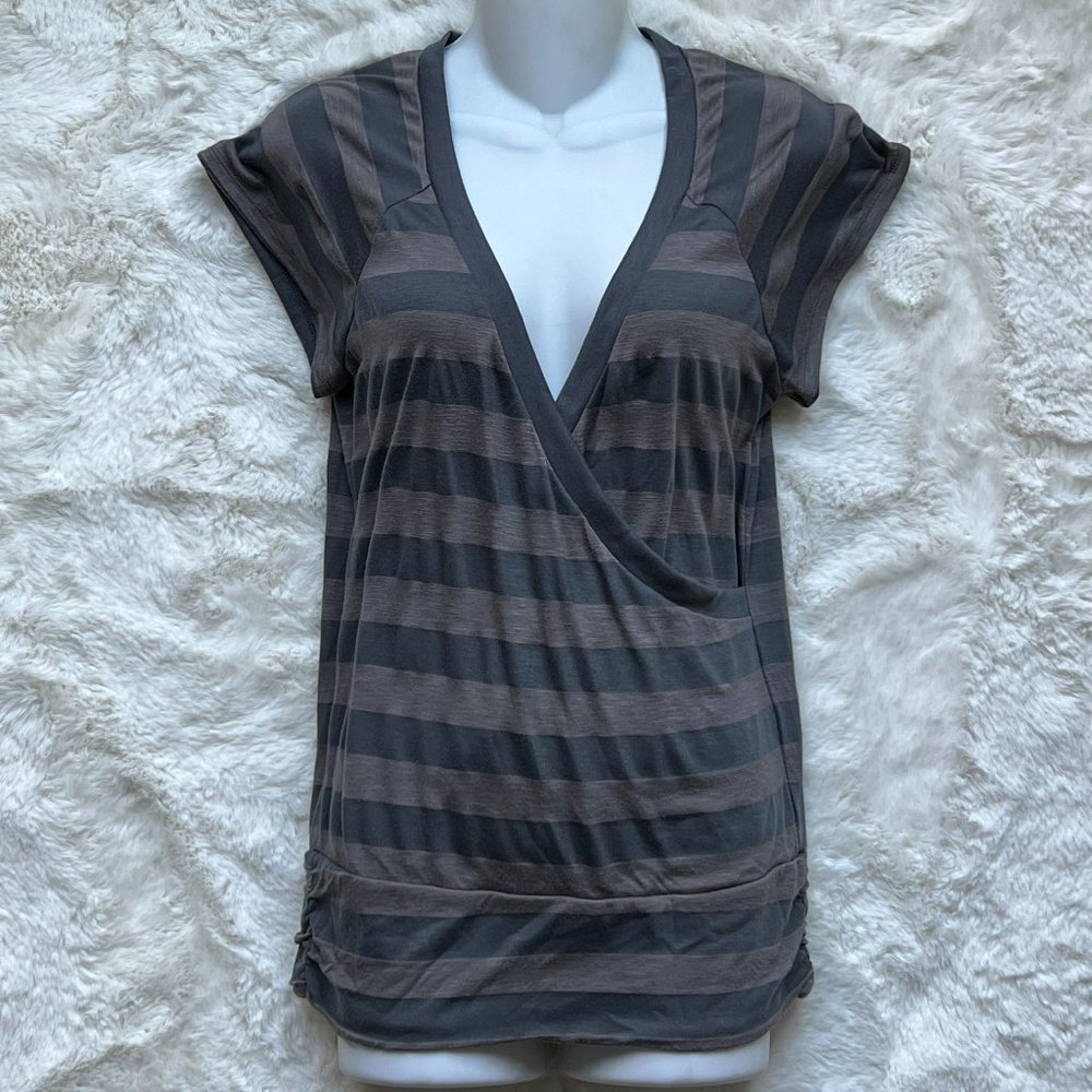The Limited Striped Plunging Overlapping Neckline in Grey Tones Size Small